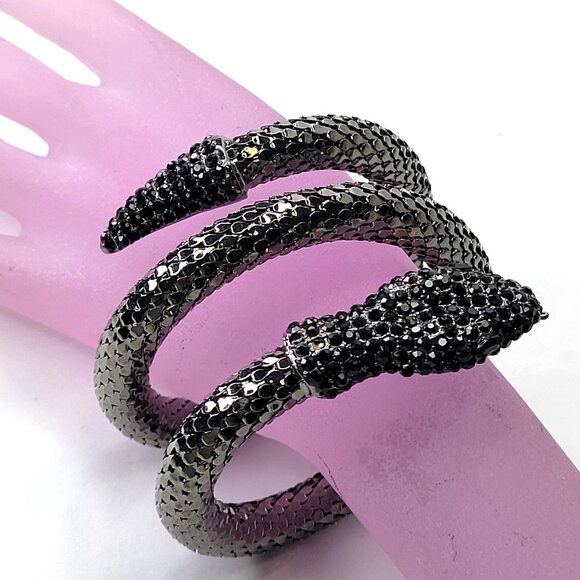 Vintage Mesh Black Rhinestone 3 Coil Serpent SIlver Snake Bracelet - Picture 1 of 10
